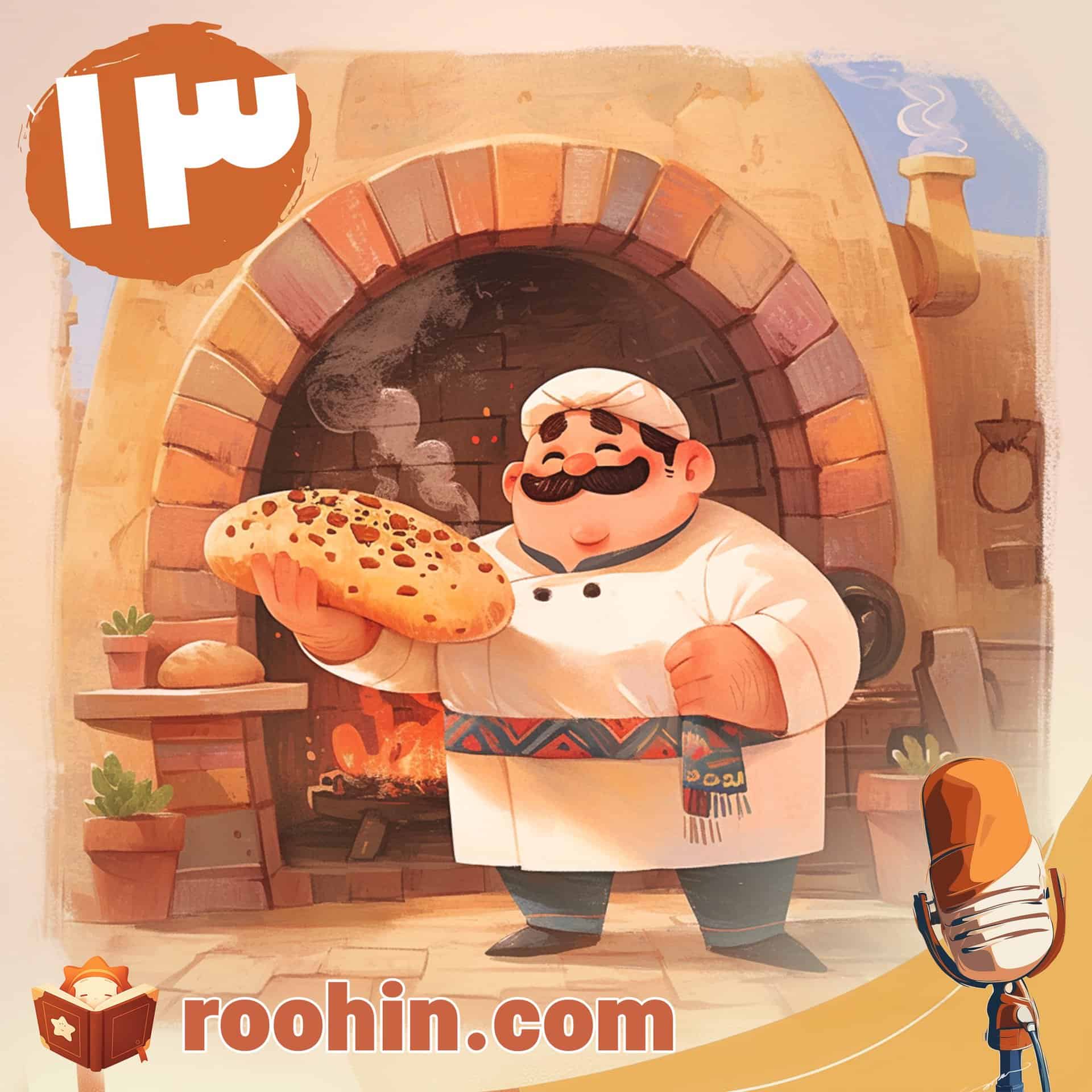 کاور پادکست روهین کودک برای قصه انگشتر گران‌بها - یک نانوای مهربان مقابل تنور ایستاده و نان داغ در دست دارد.