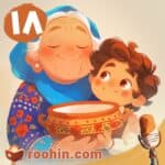 کاور پادکست روهین کودک برای قصه آش سرکه - یک پیرزن و نوه‌اش یک‌کاسه گل‌گلی را در دست گرفته‌اند.