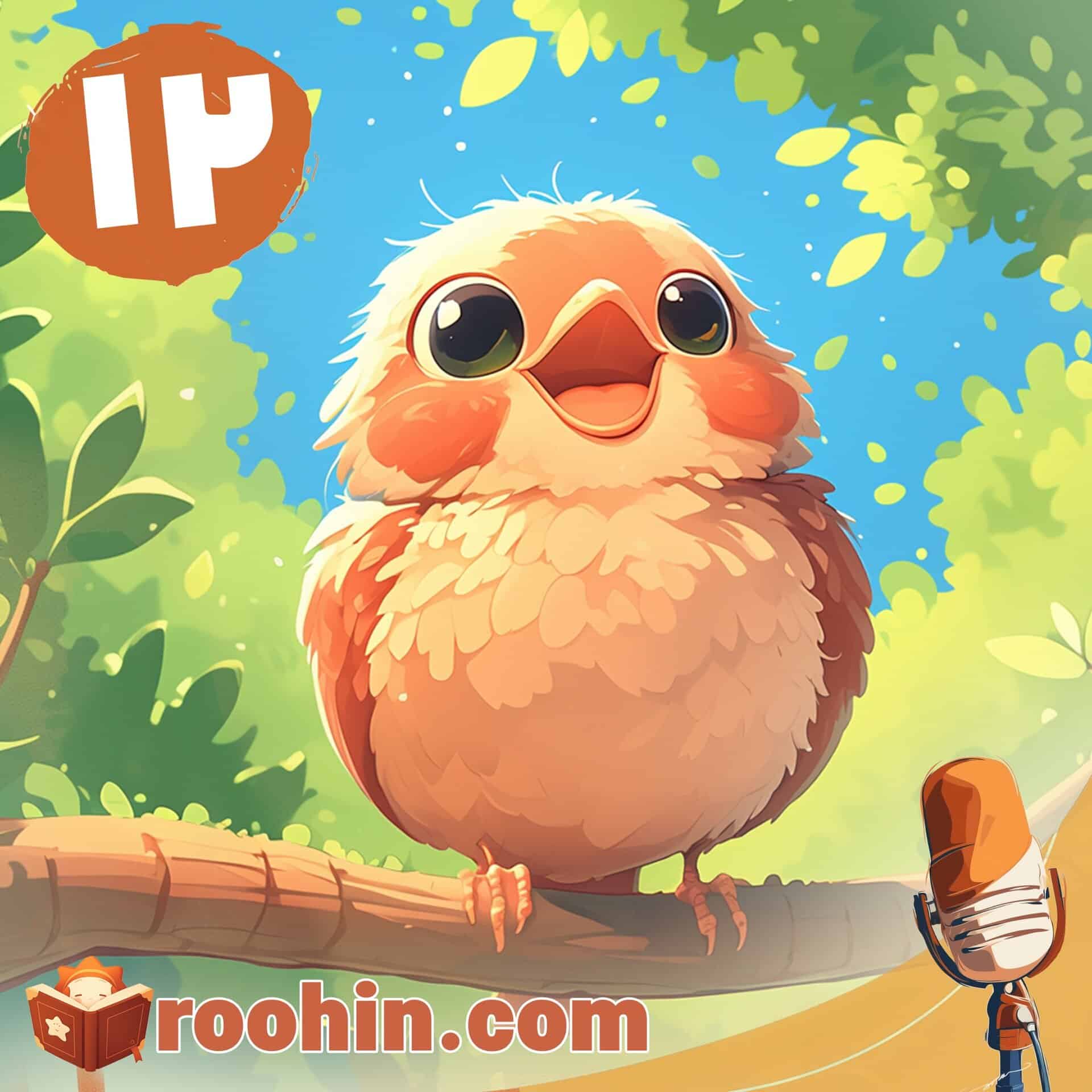 کاور پادکست روهین کودک برای قصه فنچ طلایی کوچولو - یک فنچ کوچولو روی شاخه‌ای در جنگل نشسته و آواز می‌خواند.