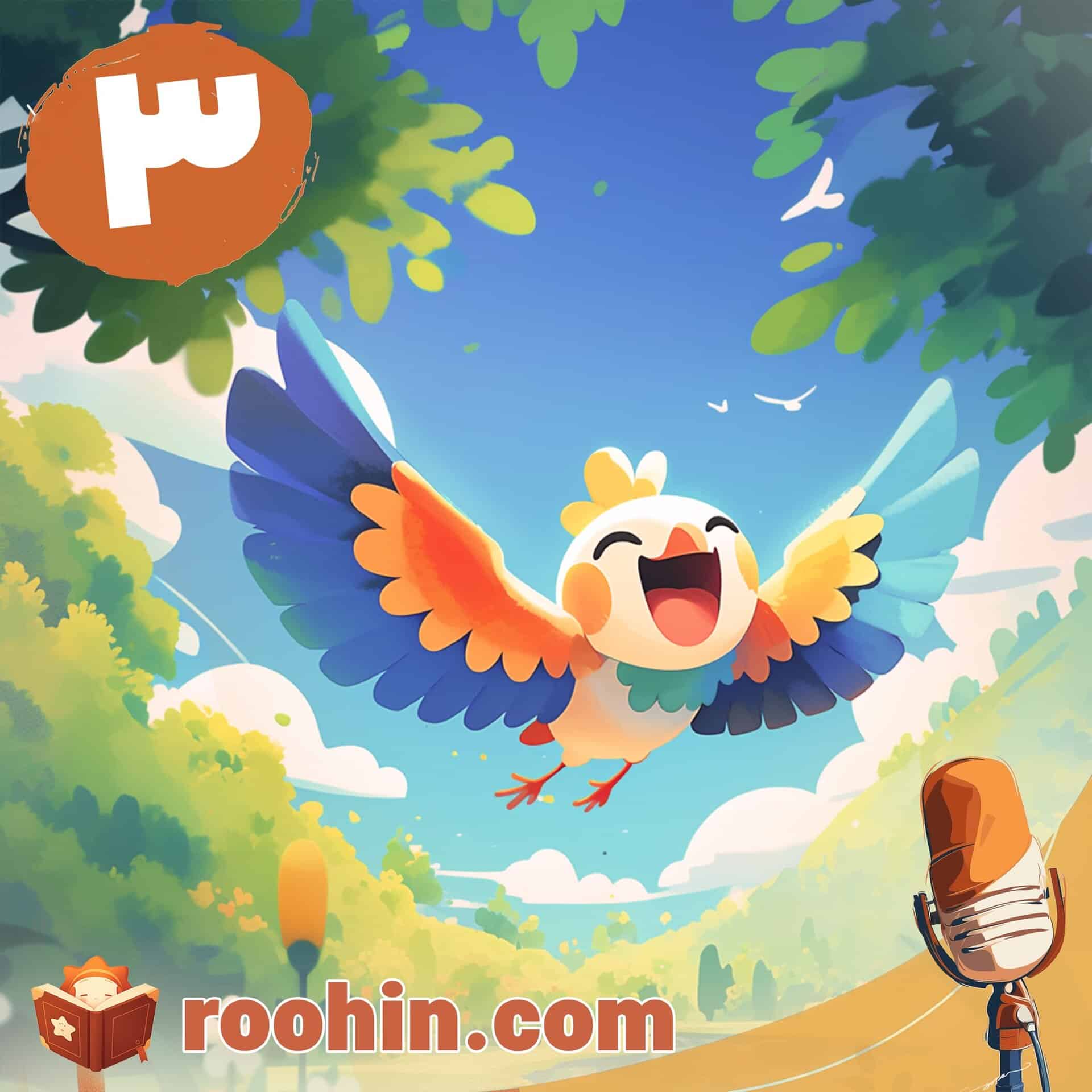 کاور پادکست روهین کودک برای قصه هدهد باهوش - یک هدهد زیبا و رنگارنک در حال پرواز در جنگل است.