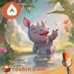 کاور پادکست روهین کودک برای قصه کرگدن بی‌ادب - یک کرگدن در حال خنیدن و مسخره کردن دیگران است.