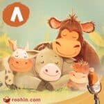 کاور پادکست روهین کودک برای قصه میمون کوچولوی بی دُم - یک گاو، یک میمون، یک الاغ و یک موش کور در جنگل درکنار هم نشسته‌اند.