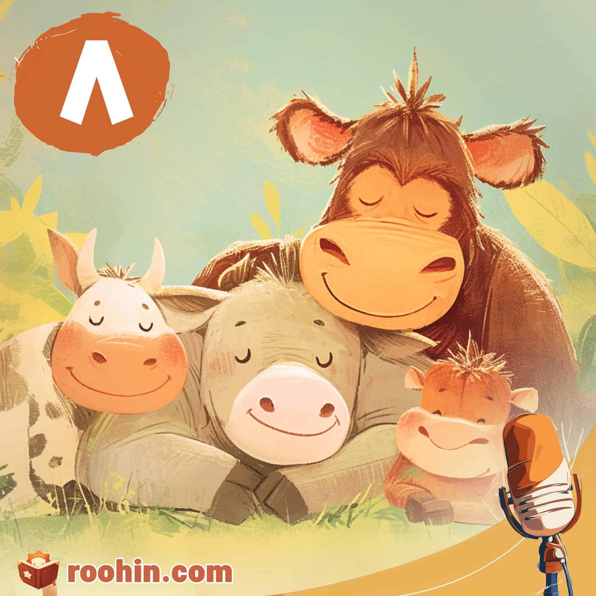 کاور پادکست روهین کودک برای قصه میمون کوچولوی بی دُم - یک گاو، یک میمون، یک الاغ و یک موش کور در جنگل درکنار هم نشسته‌اند.