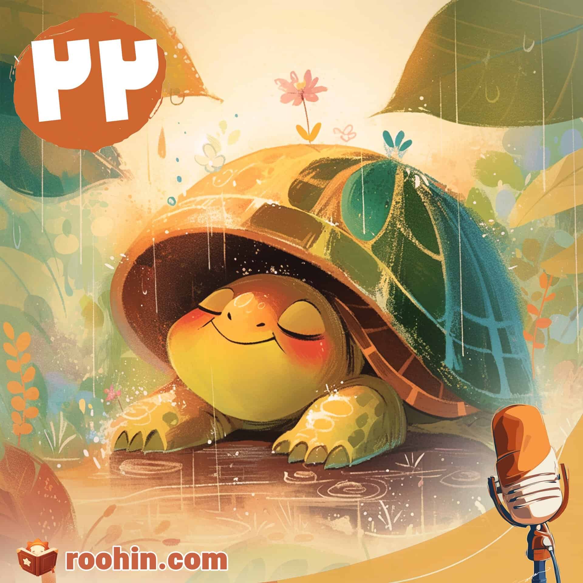 کاور پادکست روهین کودک برای قصه خانه‌ی امن - یک لاکپشت در میان توفان و باران در لاک امن خود پنهان شده است.