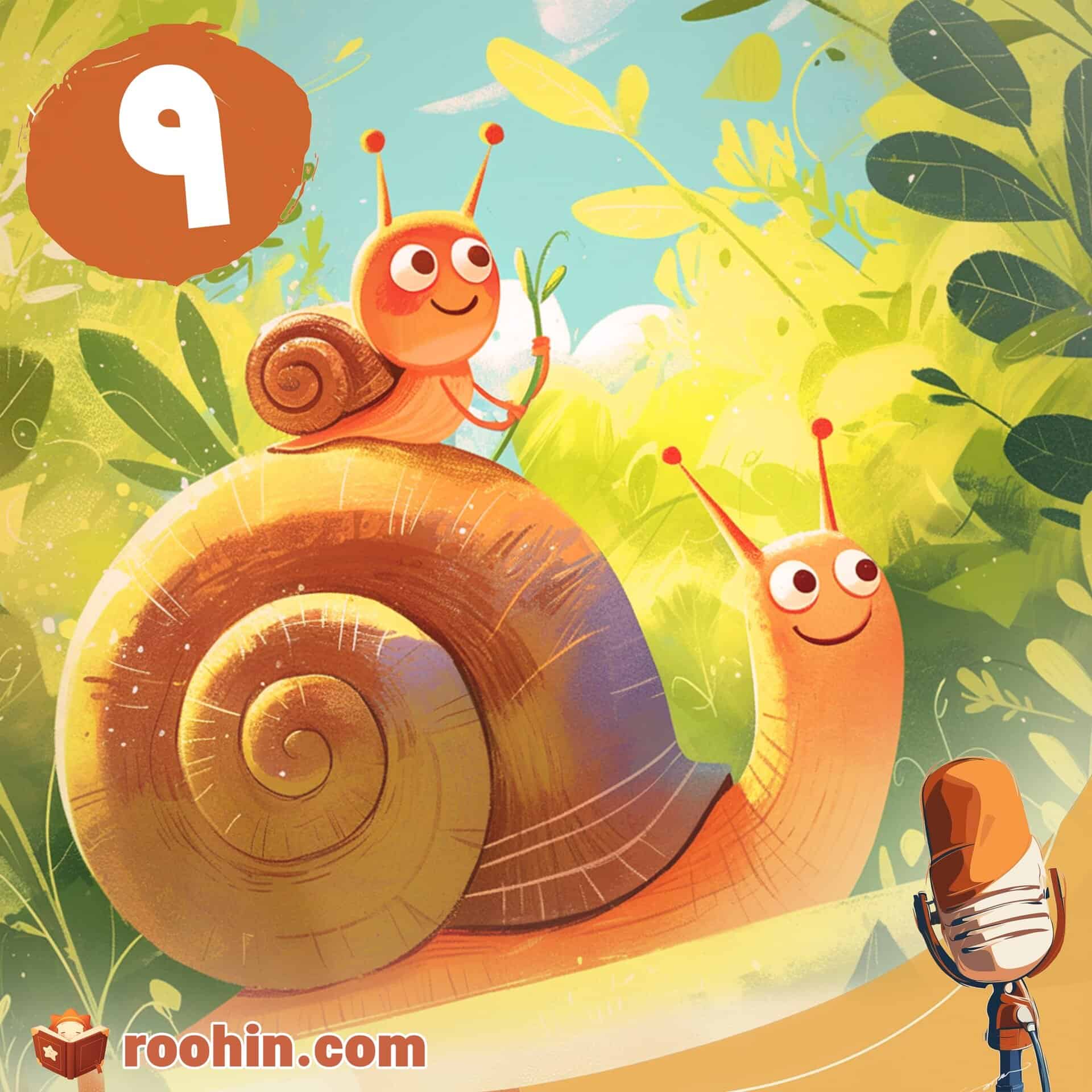 کاور پادکست روهین کودک برای قصه حلزونی به اسم کُ‌لی‌لی - یک حلزون کوچک روی صدف عموی بزرگ خود سوار شده و خوشحال است.