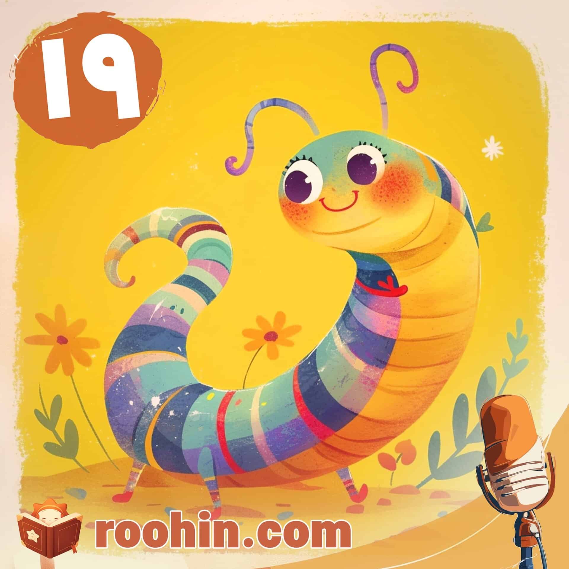 کاور پادکست روهین کودک برای قصه کوتی کوتی - یک هزارپای رنگارنگ در میان گلها ایستاده و لبخند می‌زند.