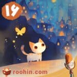 کاور پادکست روهین کودک برای قصه گربه سفید کوچولو - یک بچه گربه روی پشت‌بام در شب تاریک با پروانه بازی می‌کند.