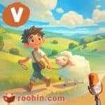 کاور پادکست روهین کودک برای قصه پسرک ساده‌دل - یک پسربچه روستایی یک گوسفند را دنبال خود می‌کشد.