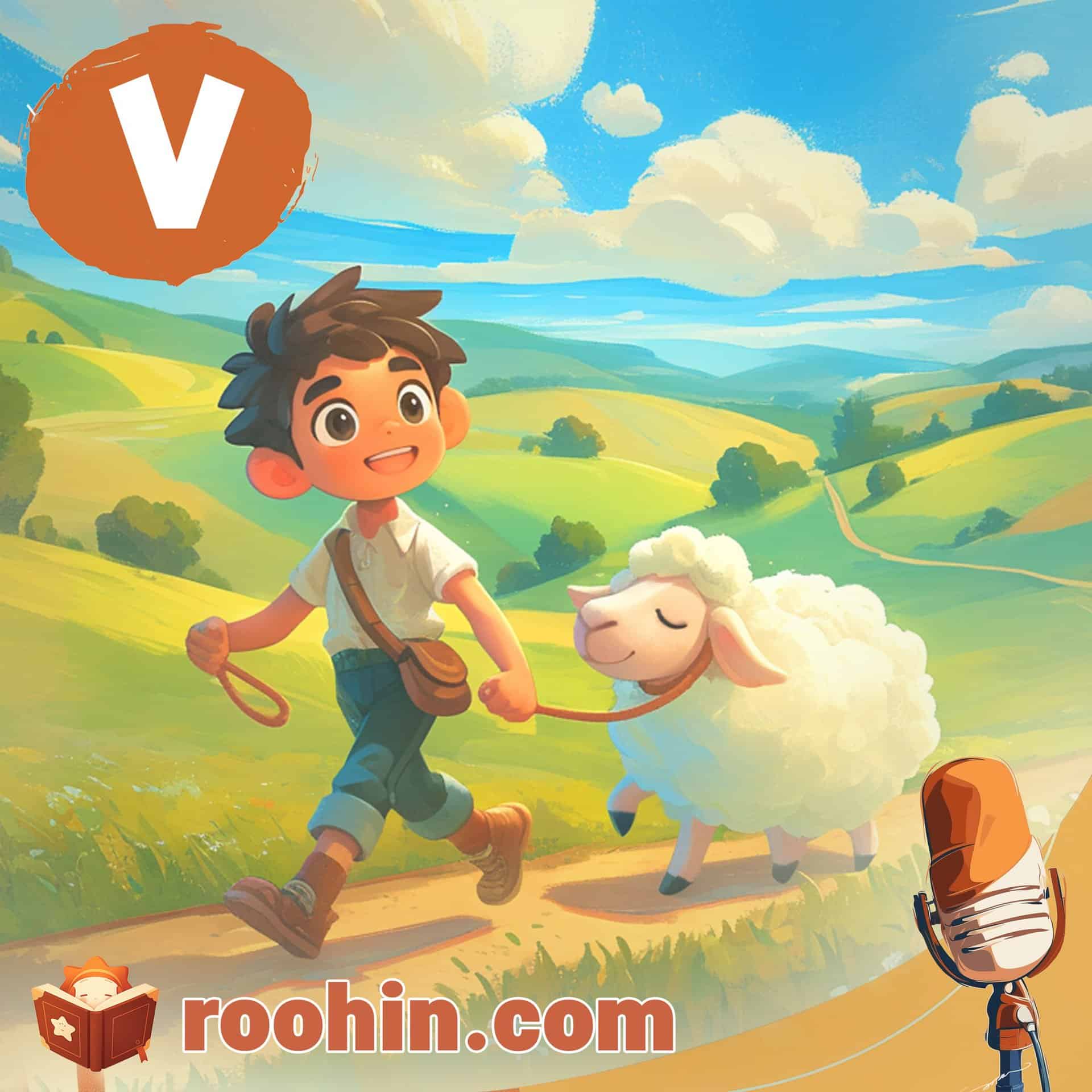 کاور پادکست روهین کودک برای قصه پسرک ساده‌دل - یک پسربچه روستایی یک گوسفند را دنبال خود می‌کشد.