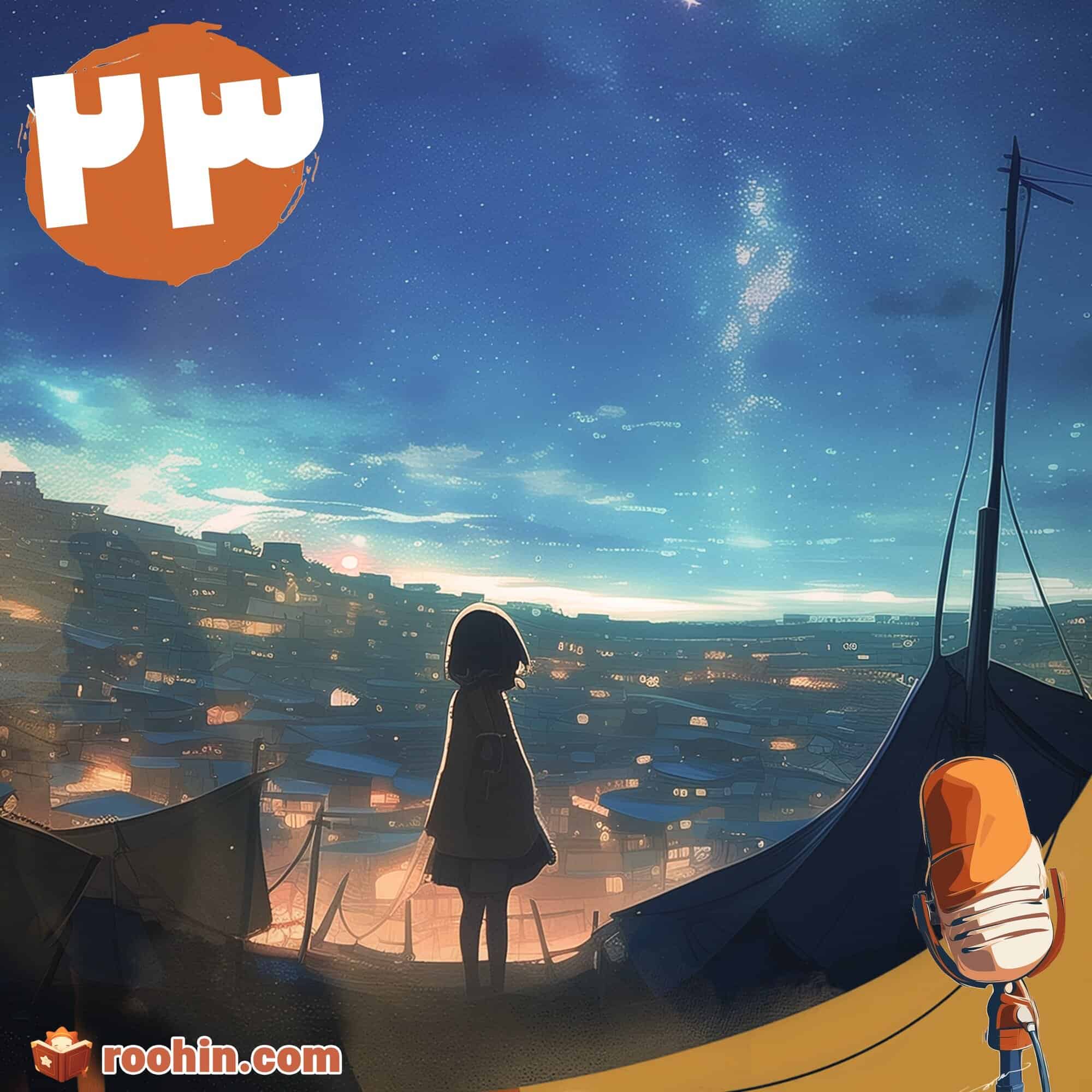 کاور پادکست روهین کودک برای قصه ستاره‌ی نورا - یک دختر در کنار چادر خود ایستاده و به کمپ آواره‌ها نگاه می‌کند.