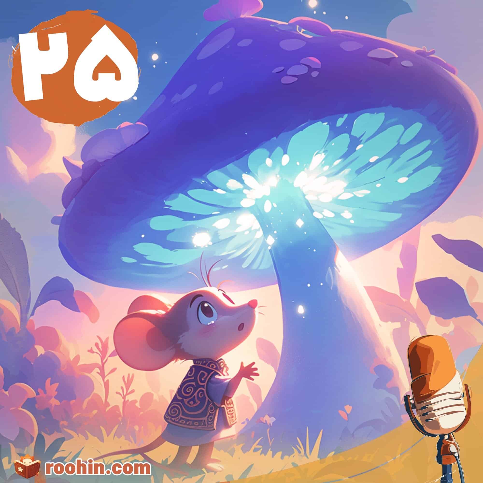 کاور پادکست روهین کودک برای قصه قاچ سخنگو - یک موش کوچولو مقابل یک قارچ بزرگ آبی رنگ ایستاده است و با تعجب نگاه می‌کند.