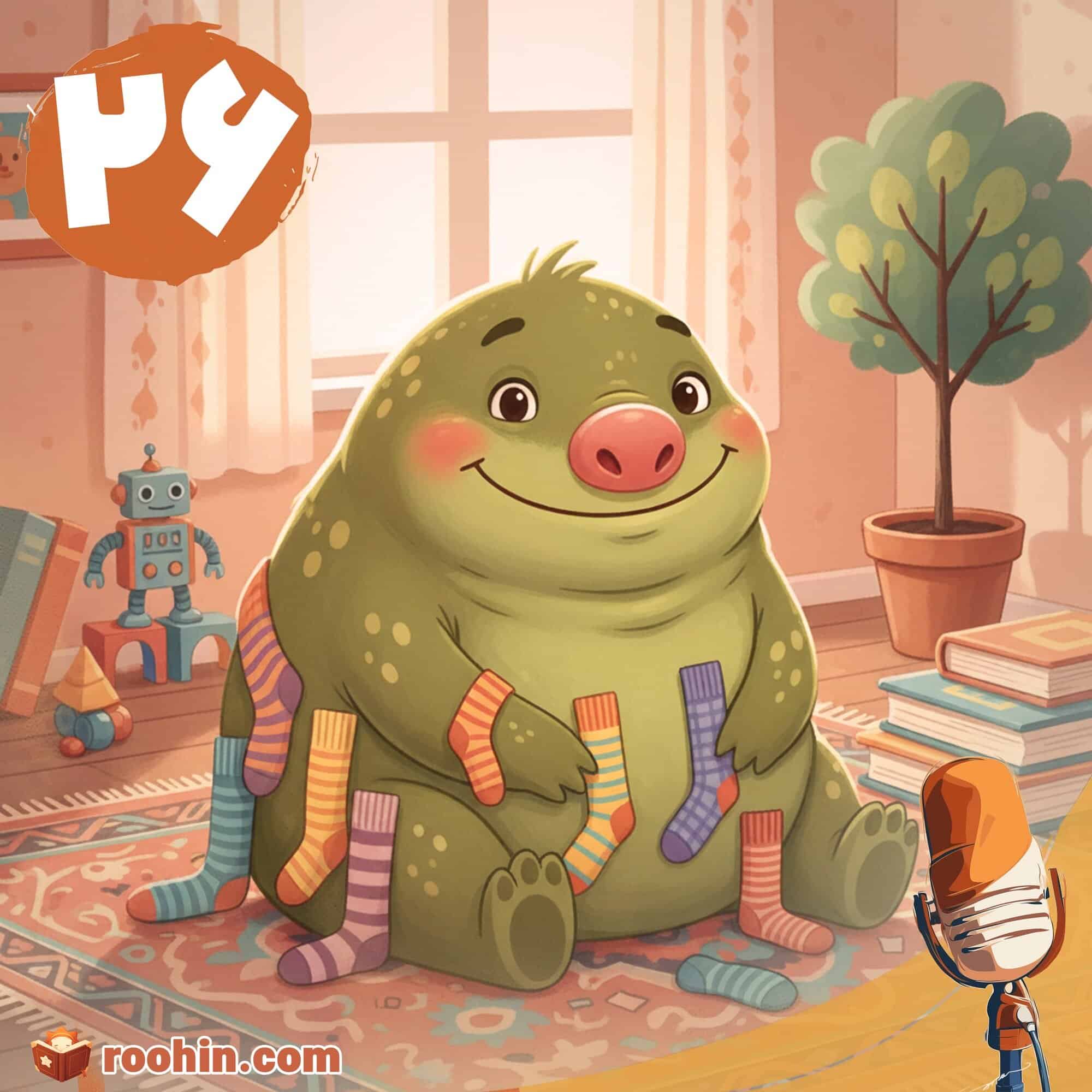 کاور پادکست روهین کودک برای قصه وروجک جوراب‌خوار - یک موجود سبز رنگ عجیب و گابلین مانند وسط اتاق نشسته و کلی جوراب به بدنش چسبیده است.