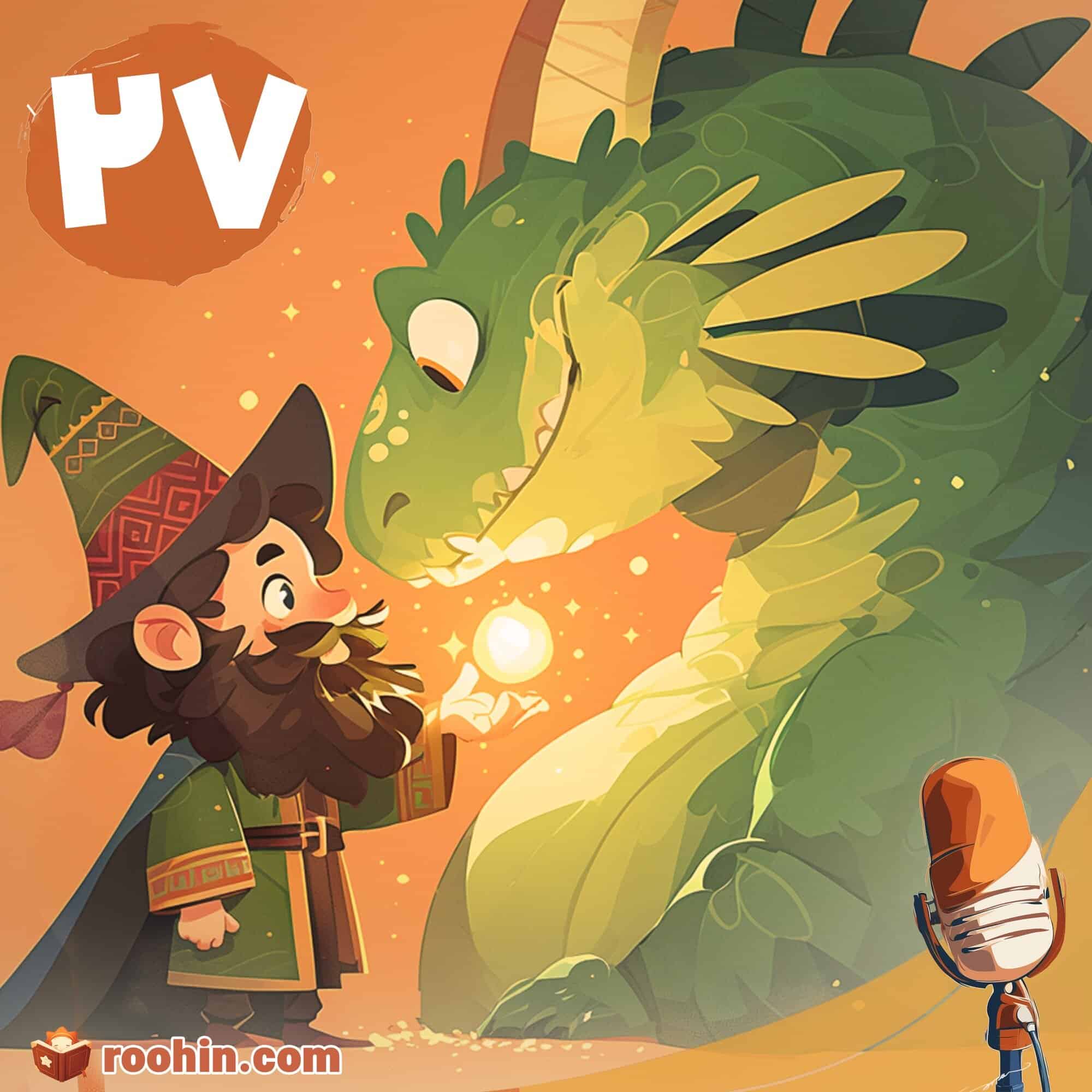 کاور پادکست روهین کودک برای قصه تخم اژدها - یک جادوگر با کلاه جادوگری در مقابل یک اژدهای سبز رنگ ایستاده است.