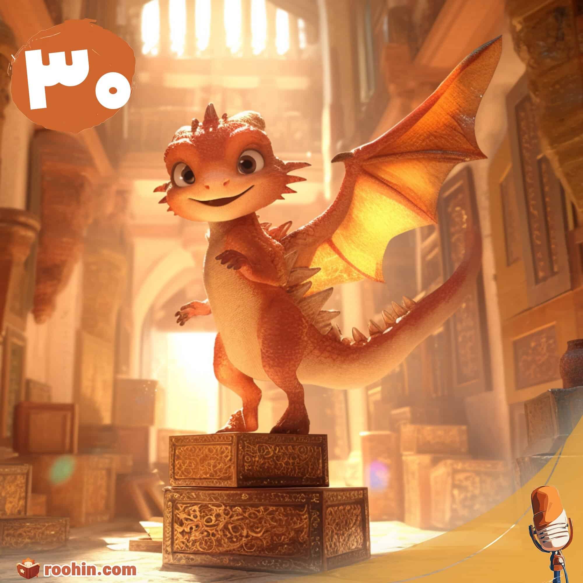 کاور پادکست روهین کودک برای قصه گنج اژدها - یک اژدها در یک تالار پر از اسباب و اثاثیه لوکس ایستاده است.