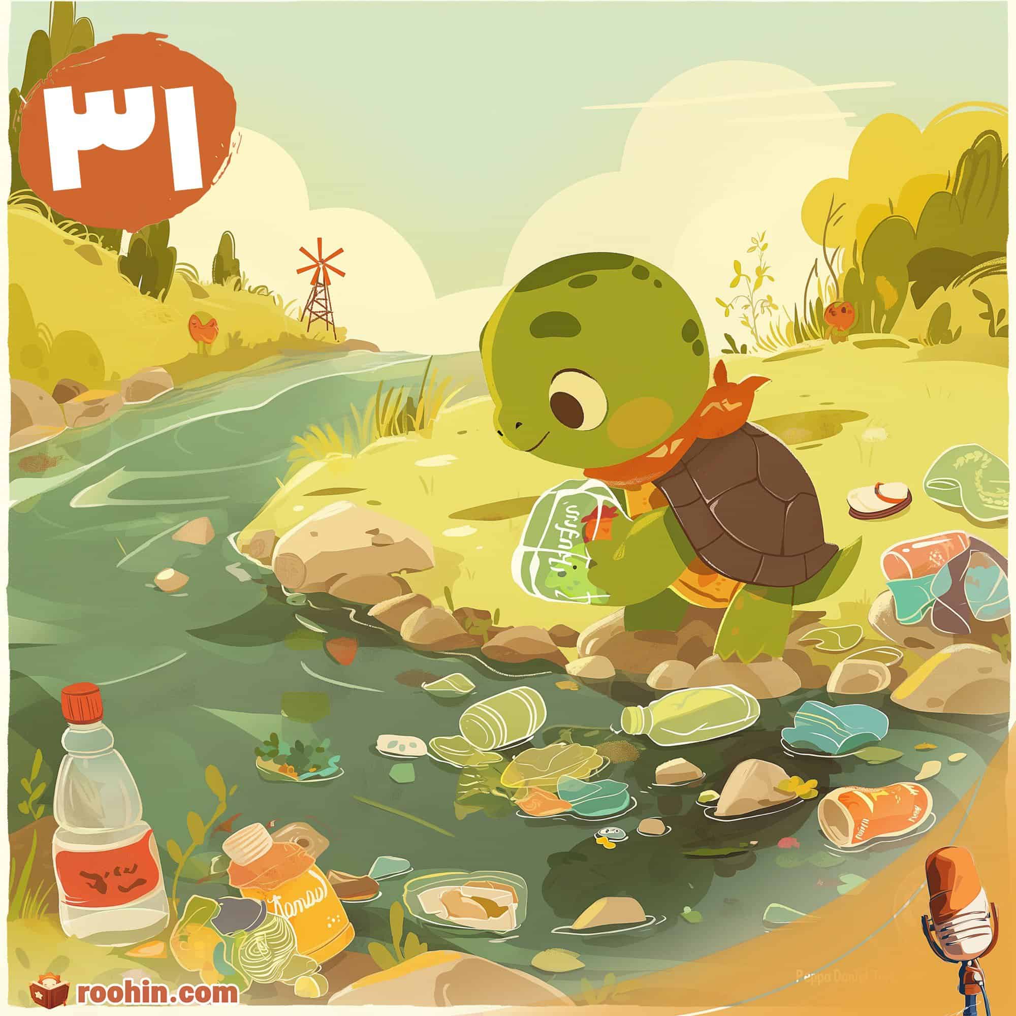 کاور پادکست روهین کودک برای قصه لاکی و بطری پلاستیکی - یک لاکپشت کوچک کنار رودخانه ایستاده و با ناراحتی به زباله‌های داخل آب نگاه می‌کند.